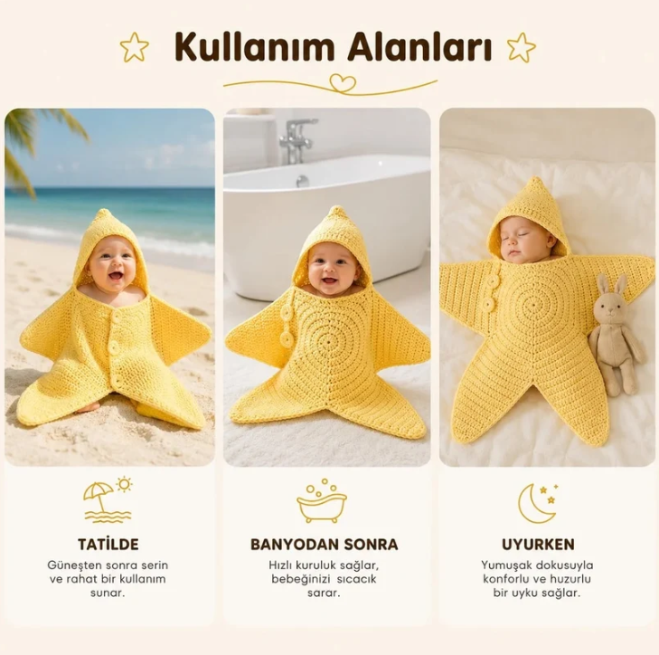 StarlitNest™   El Örgüsü Yıldız Bebek Kundak Kabanı