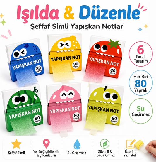 starlitnest 6’lı Renkli Canavar Figürlü Yapışkan Not Kağıdı Seti – 80 Yaprak 📝✨